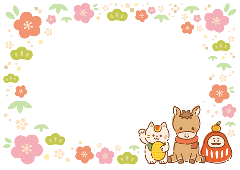 2026年かわいい午年年賀状フレーム01 お正月,年賀状,正月,フレーム,午年,馬,和柄,午,冬,2026年のイラスト素材