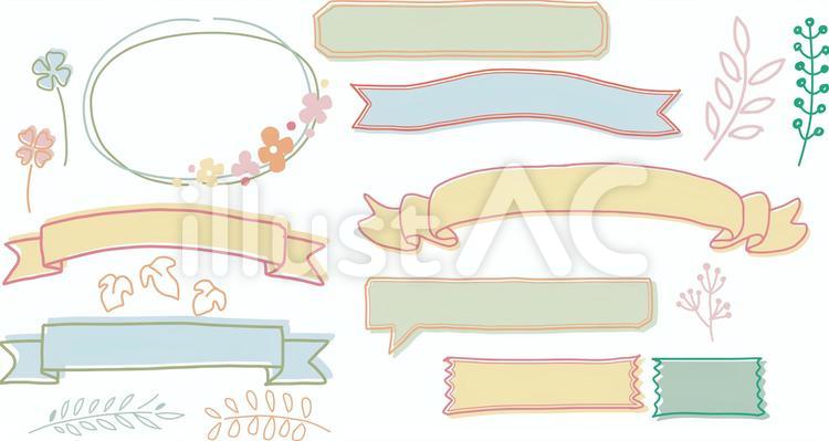 手描き風春イメージ装飾枠とリボンのセット 手書き,リボン,花のイラスト素材