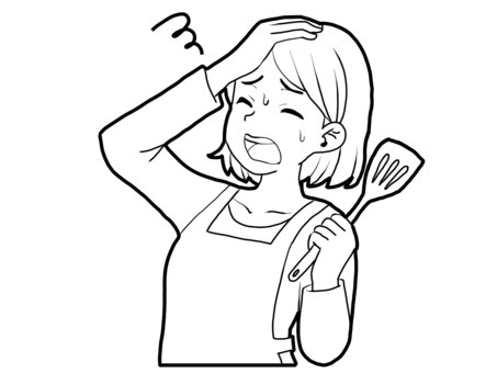 【白黒】調理中にトラブル【線画】 調理,料理,失敗,トラブル,女性,エプロン,フライ返し,白黒,線画のイラスト素材