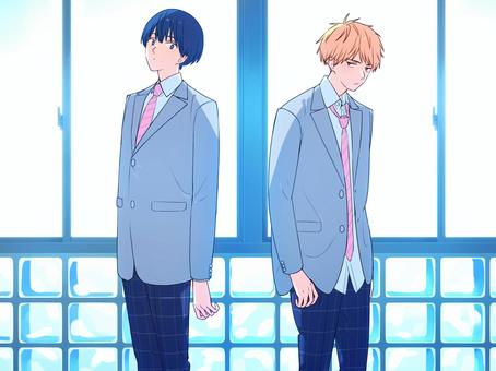 正反対 人物,男性,男の子,高校生,中学生,男子,生徒,制服,ブレザー,着崩すのイラスト素材