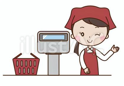スーパーのレジで案内する店員 赤