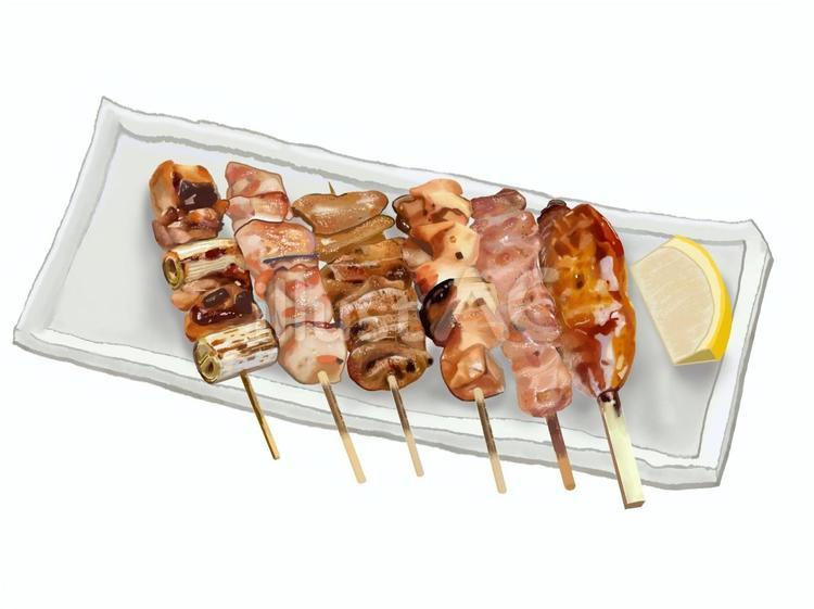 焼き鳥６種（白皿）3 焼き鳥,6本,鶏肉のイラスト素材