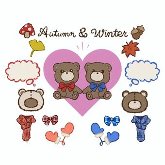 秋冬のテディベアたちのイラスト 秋冬のテディベアたちのイラスト 秋,冬,吹き出し,テディベア,くま,クマ,熊,ベア,きのこ,どんぐりのイラスト素材