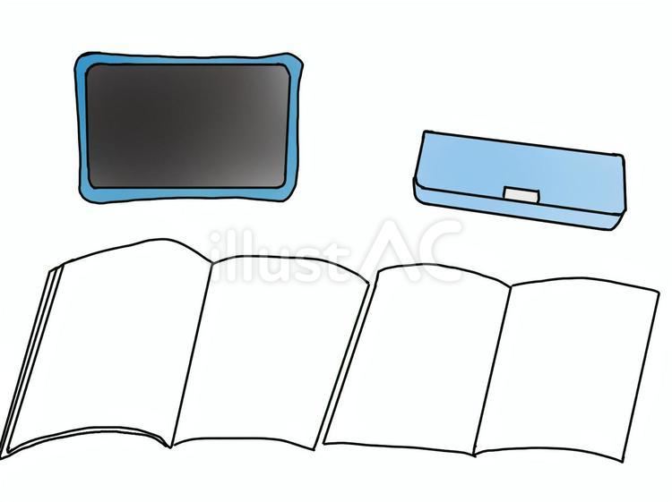 小学生の机の配置 机,タブレット,筆箱のイラスト素材