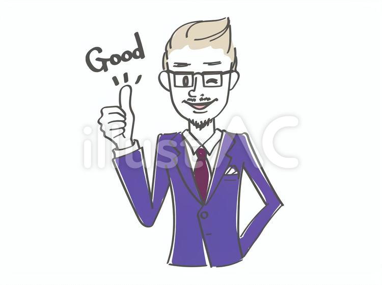 いいねする線画ヒゲめがねスーツ男性 いいね,グー,ビジネスマンのイラスト素材