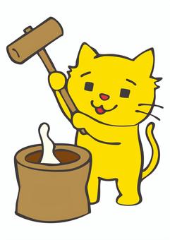 NY_C01_ねこもちつき もちつき,ねこ,おしょうがつ,ふゆ,てがきのイラスト素材