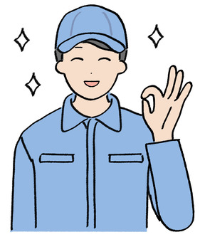 A man in blue work clothes giving an OK sign, work clothes, male, work with, JPG and PNG