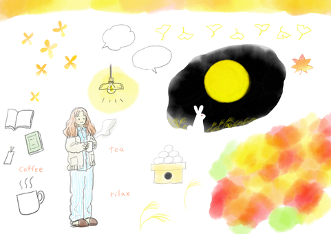 秋　イラストセット　2 秋,オータム,お月見,十五夜,月,満月,うさぎ,金木犀,月見団子,ススキのイラスト素材