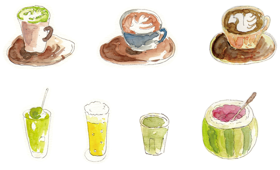 手書きドリンク 手書き,ラテ,コーヒー,カプチーノ,カフェ,スイカジュース,ビール,抹茶ラテのイラスト素材
