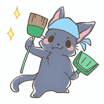 箒と、ちりとりを手に お掃除する黒猫 大掃除,お掃除,片付け,箒,猫,ちりとり,黒猫,清掃,美化活動,年末のイラスト素材