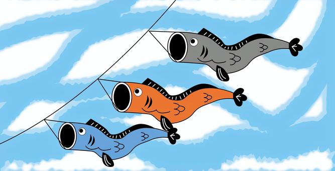 鯉のぼり泳ぐ 鯉のぼり,泳ぐ,空,雲,紐,風,子供の日,デフォルメ,線画のイラスト素材