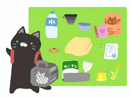 猫と一緒の防災 猫,黒猫,防災,避難,リュック,災害,白猫,水,餌,猫砂のイラスト素材