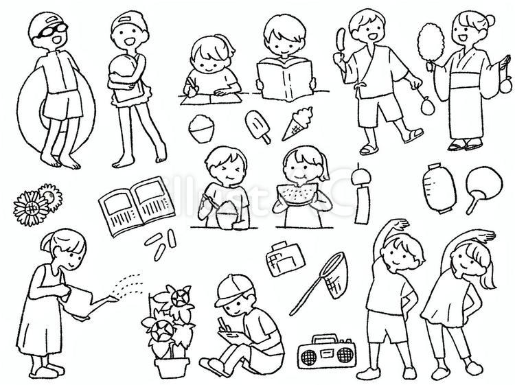 ぼくのわたしの夏休みセット 線画 小学生,幼稚園,子供のイラスト素材