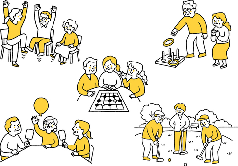 楽しく過ごす高齢者のセット 介護施設,輪投げ,五目並べ,ゲートボール,体操,運動,風船,ゲーム,高齢者施設,遊びのイラスト素材