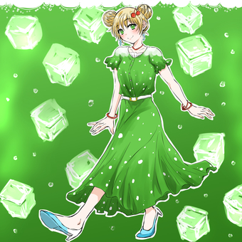クリームソーダ擬人化の女の子　背景あり 女の子,ポップ,飲み物,クリームソーダ,緑,擬人化,夏,手描き,イラストのイラスト素材