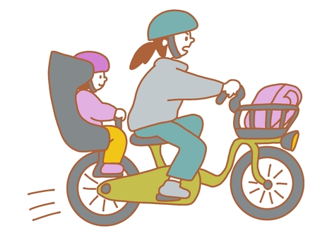 自転車で子供を送迎するママ 子供,乗せる,自転車,送迎,ヘルメット,カゴ,漕ぐ,走る,爆走,急ぐのイラスト素材