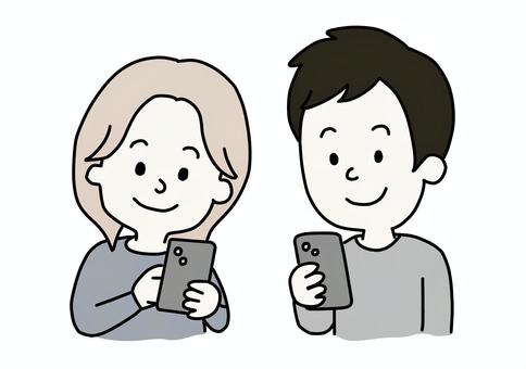 スマホを見る男女 男性,女性,スマートフォン,スマホ,マッチングサイト,見比べる,見る,アドレス,交換,日本人のイラスト素材
