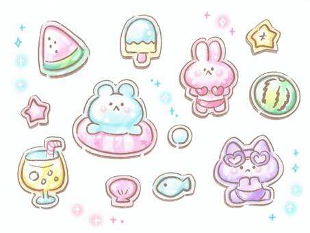【夏】ぷっくり立体シールのイラストセット 立体シール,夏,シール,ぷっくり,セット,キャラクター,かわいい,ゆるい,海,スイカのイラスト素材
