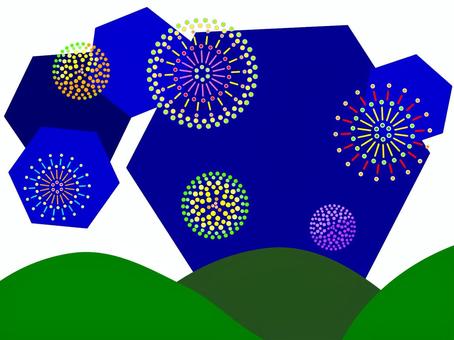 花火 花火,夜空,山,複数発,六角形のイラスト素材