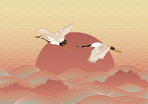 鶴と荒波、日の出の和風イラスト 鶴,年賀状,初日の出のイラスト素材