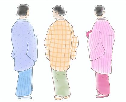 着物の後ろ姿３人 着物,女性,後ろ,コート,３人,カラフル,パステル風,全身,華やかのイラスト素材