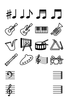 音楽アイコン（モノクロ） 音楽,アイコン,音符,楽器,ギター,ドラム,ベース,ピアノ,オカリナ,トライアングルのイラスト素材