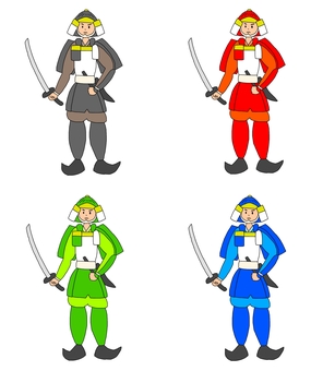 鎧武者の4色セット 鎧武者,武士,侍,武将,戦士,兵士,戦,和風,日本文化,ポーズのイラスト素材