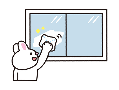 掃除うさぎ_窓拭き02 窓拭き,窓,うさぎ,動物,家事,生活,掃除,清掃,大掃除,行事のイラスト素材
