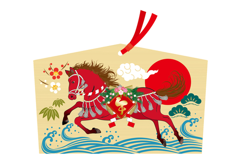 絵馬イラスト12 絵馬,馬,赤馬,干支,十二支,午年,動物,立髪,手綱,紐のイラスト素材