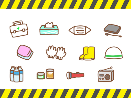 防災グッズアイコンセット 防災,防災グッズ,防災の日,災害,震災,非常食,救急箱,マスク,軍手,タオルのイラスト素材