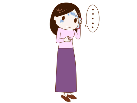 スマホで青ざめながら話す女性 女の人,ママ,電話,話す,青ざめる,無言,心配,１人,ラフ,可愛いのイラスト素材