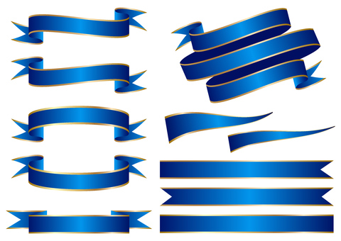 金縁のリボンセット　青 リボン,帯,フレーム,タイトル,飾り枠,装飾,プレゼント,ギフト,見出し,バナーのイラスト素材