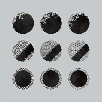 モノクロ和柄とマーブルの円形セット マーブル,和柄,円形,デザイン,エレメント,アイコン,バッジ,装飾,黒,ブラックのイラスト素材