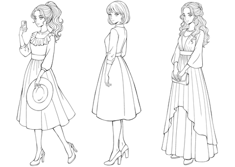 女性の立ち絵 人物,塗り絵,ぬり絵,線画,白黒,手書き,全体,ぬりえ,女性,大人のイラスト素材