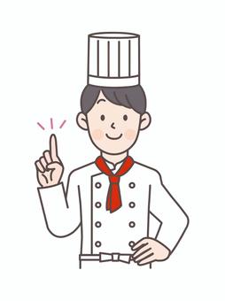 腰に手を当てて指差しする男性コックさん パティシエ,コック,料理人,厨房,スタッフ,調理,パティシエール,男性,人物,洋菓子屋のイラスト素材