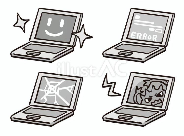 PC故障ウイルス画面割れエラー・白黒 ノートパソコン,パソコン,pcのイラスト素材