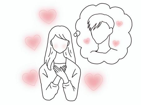 恋する女性 恋愛,恋愛中,女性,恋煩い,ときめき,ときめく,ハート,ピンク色,線画,顔なしのイラスト素材