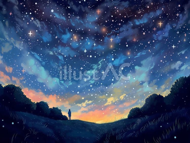 夜明けの星空を眺める人 夜,空,星のイラスト素材