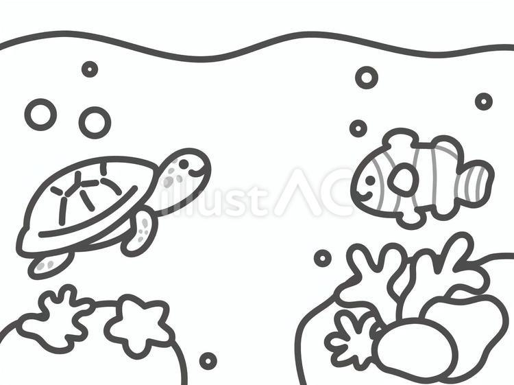 海の中のイラスト（ぬりえ） 海,海中,海亀のイラスト素材