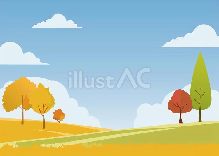 秋晴れの青空風景・背景 秋晴れ,芝生,青空のイラスト素材