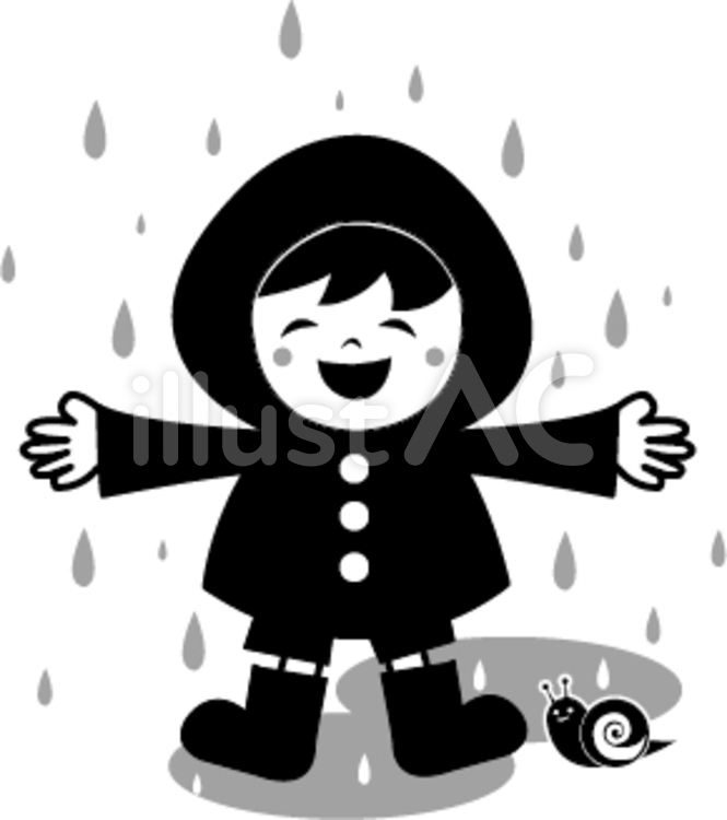 あめふり(ものくろ) 雨合羽,かっぱ,カッパのイラスト素材