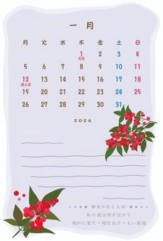 はがきカレンダー2026_01和 2026,1月,カレンダー,暦,ハガキ,ポストカード,南天,コメント欄,お便り,色とりどりのイラスト素材