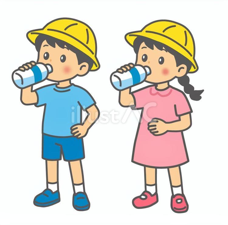 熱中症対策をする男女の子ども　水分補給 熱中症,熱中症対策,水分補給のイラスト素材