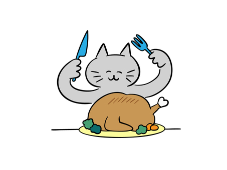 ローストチキンを食べる猫(カラー) ローストチキンを食べる猫(カラー) 猫,ローストチキン,ローストターキー,鶏の丸焼き,丸鶏,ご馳走,ディナー,クリスマス,感謝祭,豪華のイラスト素材