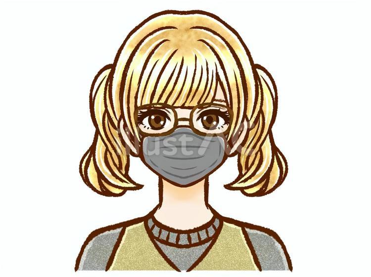 黒マスク姿の眼鏡のツインテール大人女性 マスク,眼鏡,ツインテールのイラスト素材