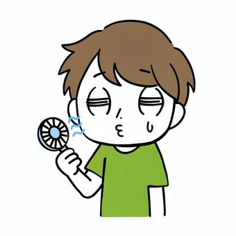 携帯扇風機を使って涼んでいる男性 携帯扇風機,扇風機,涼しい,風,熱中症,夏,真夏,対策,汗,暑いのイラスト素材