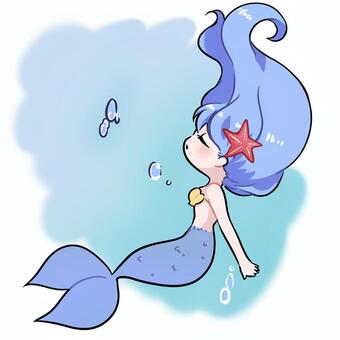 海で泳ぐ人魚 人魚,人魚姫,かわいい,青,ファンタジー,幻想,キャラクター,海,泳ぐ,神秘的のイラスト素材
