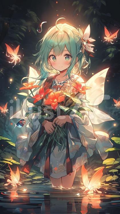【ショート動画サイズ】水辺の妖精 妖精,花束,水辺のイラスト素材