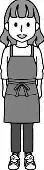 グレー・エプロンの女性_2 グレースケール,モノクロ,白黒,大人,女性,全身,エプロン,ズボン,パンツ,長袖のイラスト素材
