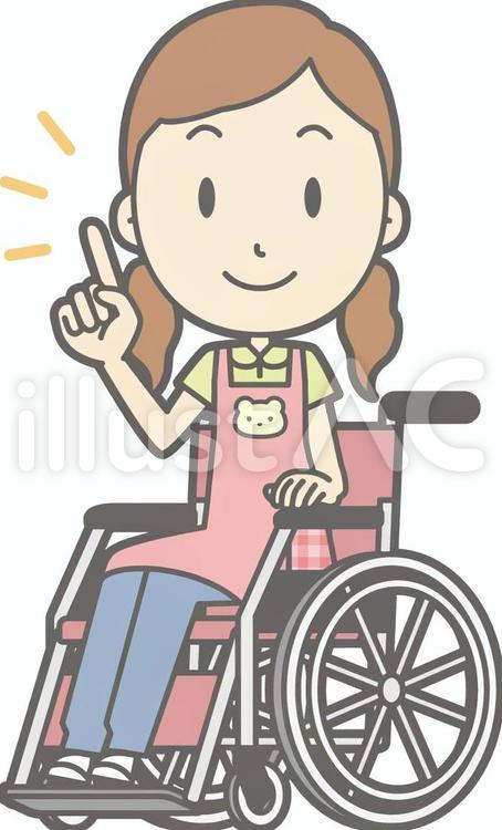 保育士女性-車椅子指差し-全身 人物,シンプル,かわいいのイラスト素材